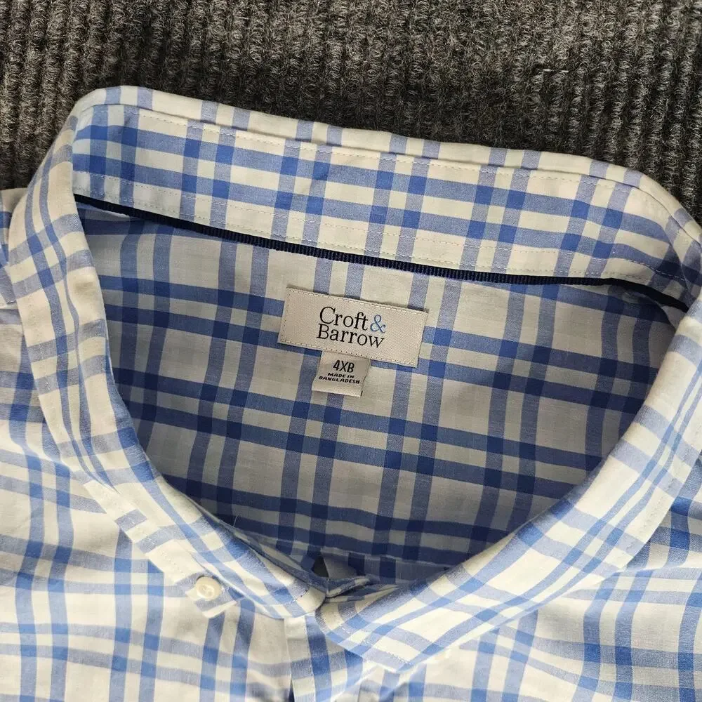 Croft & Barrow Shirt Mens 4XL Big Blue White Plaid Short Sleeve Button Down - Picture 2 of 8